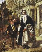 William Powell Frith Lady waiting to cross a street, with a little boy crossing-sweeper begging for money. oil painting on canvas
